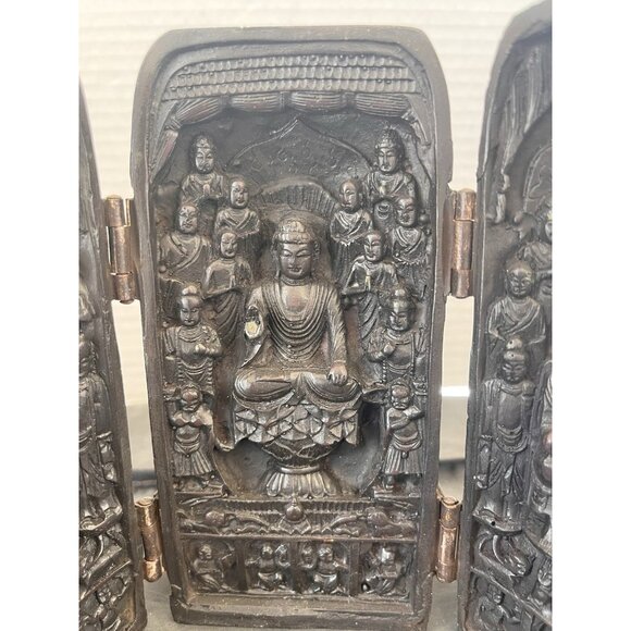 Vintage Buddhist Folding Travel Portable Shrine Kwan Yin Chinese Temple Resin - Picture 7 of 11